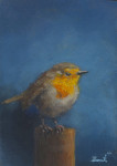 roodborst op blokje eik  4.3 x 6.2 cm