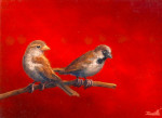 vrouw- en manmus op takje op rood  9.9 x 7.2 cm